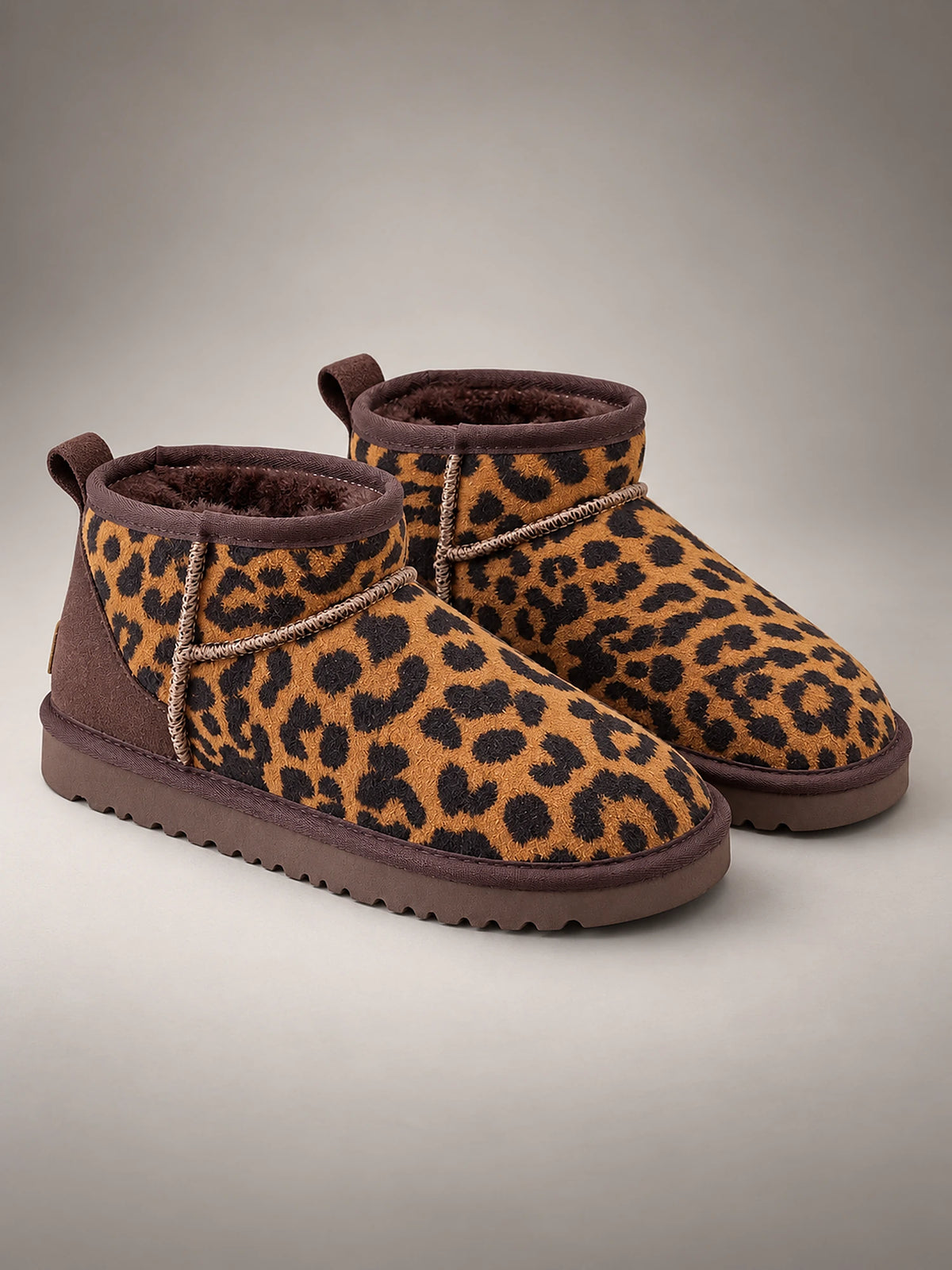 Women's Leather Platform Ankle Boots – Leopard Print Winter in Leopard (Piped Collar) — front view