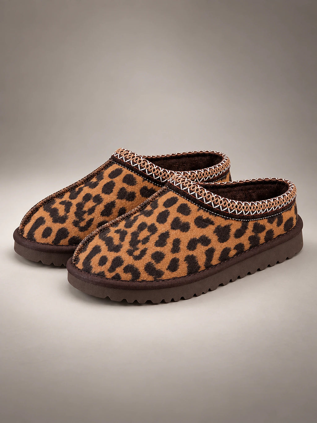 Women's Leopard Print Platform Slippers – Braided Trim in Leopard (Backless) — front view