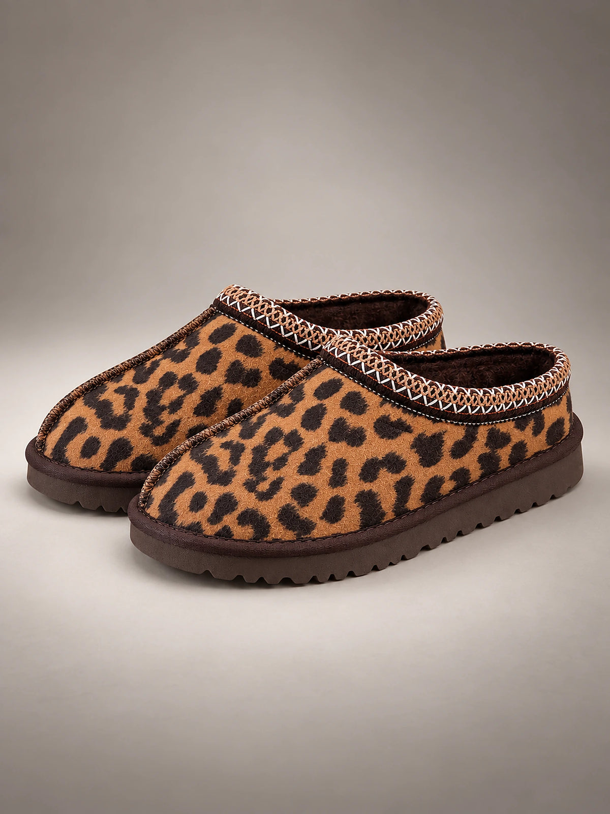 Women's Leopard Print Platform Slippers – Braided Trim in Leopard (Backless) — front view
