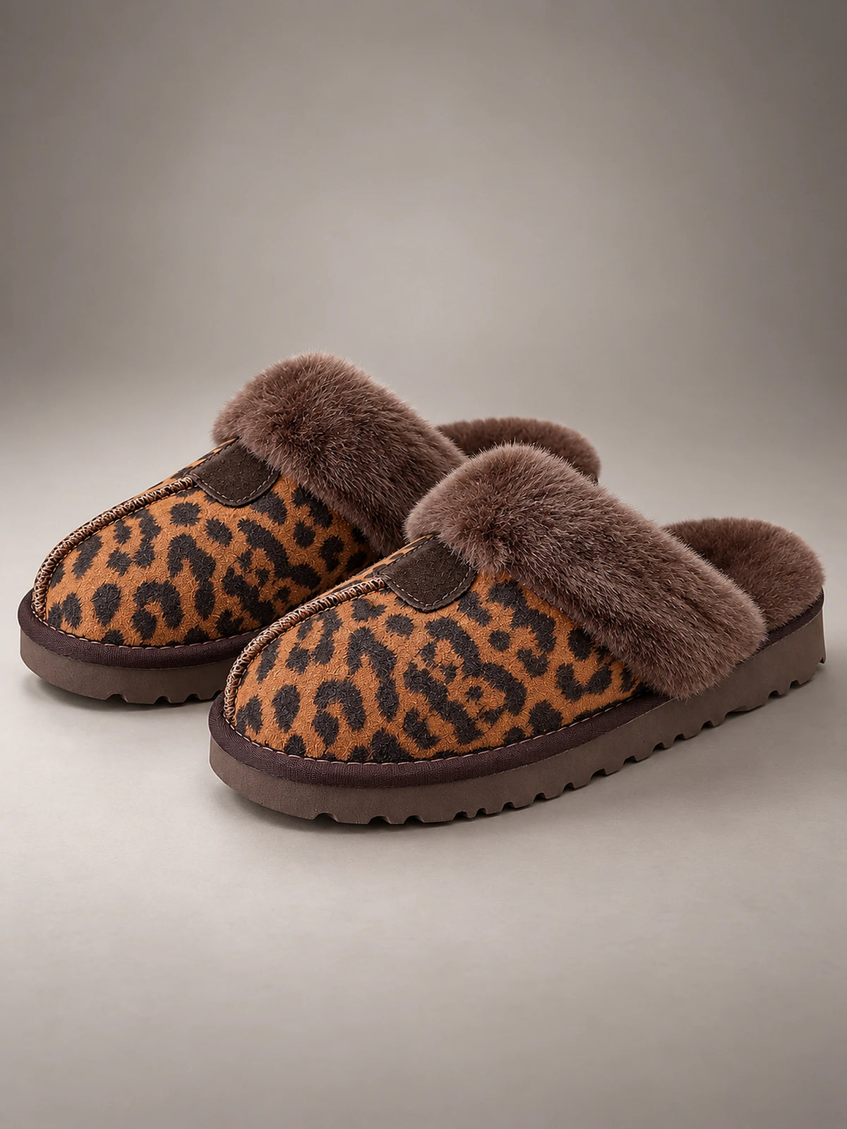 Women's Leopard Print Platform Slides – Fluffy Trim in Leopard — front view