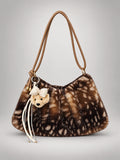 Women's Leopard Faux Fur Tote Bag – Zip Crossbody in Dark Brown — front view