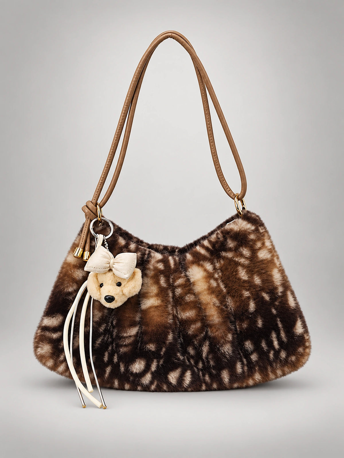 Women's Leopard Faux Fur Tote Bag – Zip Crossbody in Dark Brown — front view
