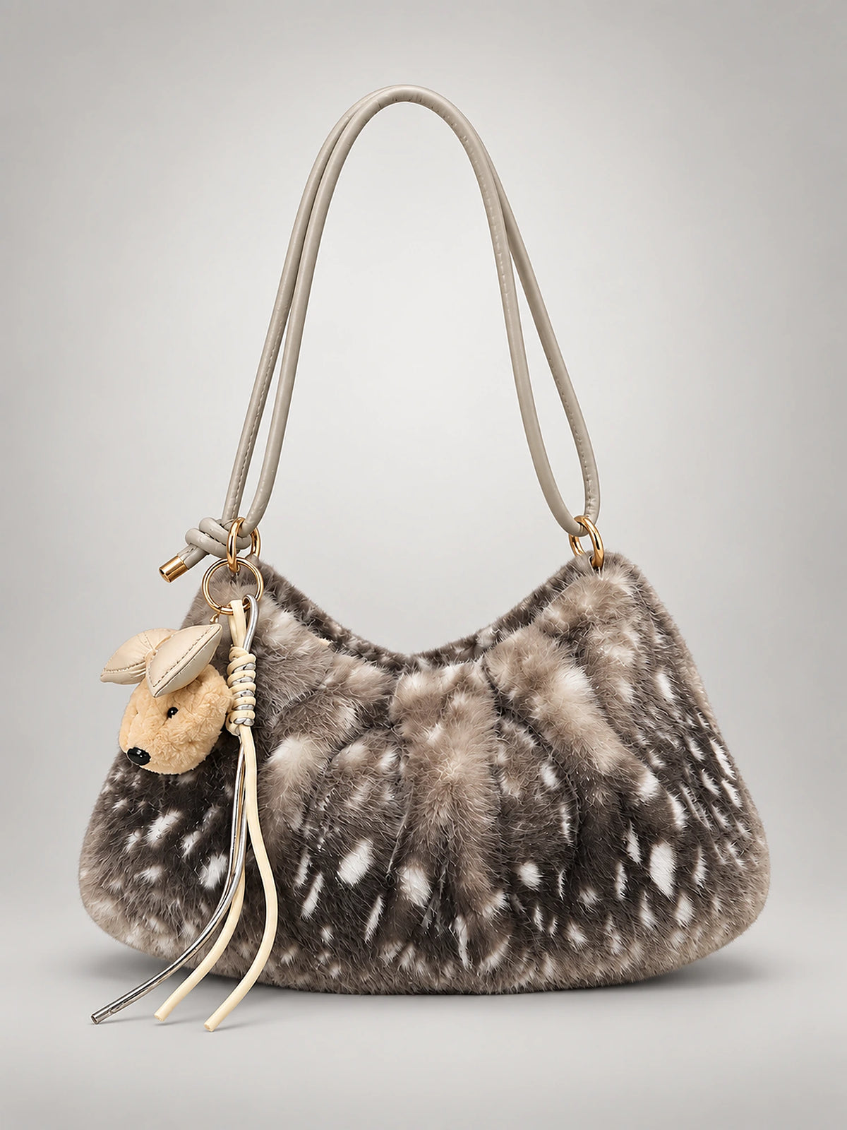 Women's Leopard Faux Fur Tote Bag – Zip Crossbody in Grey — front view