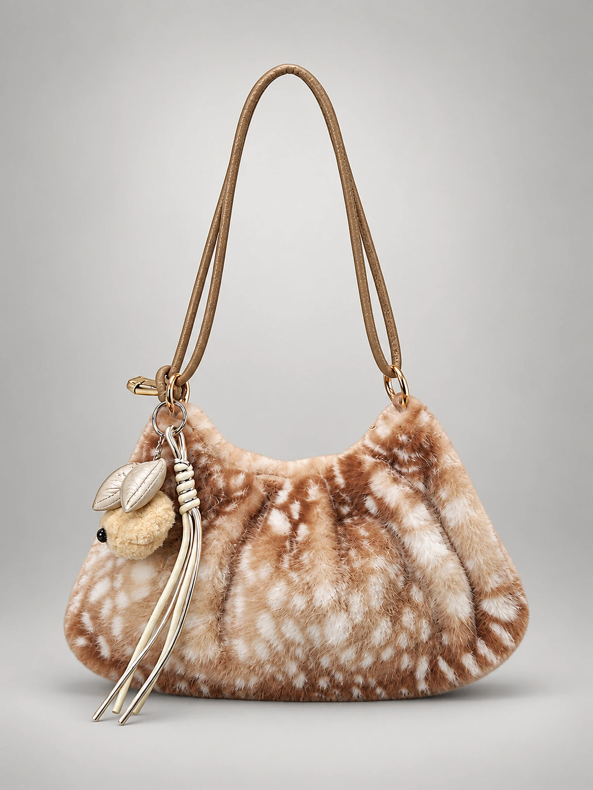 Women's Leopard Faux Fur Tote Bag – Zip Crossbody in Khaki — front view