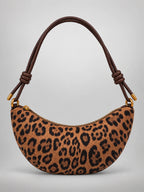 Women's Leopard Print Crescent Bag – Faux Suede Crossbody in Dark Khaki — back view