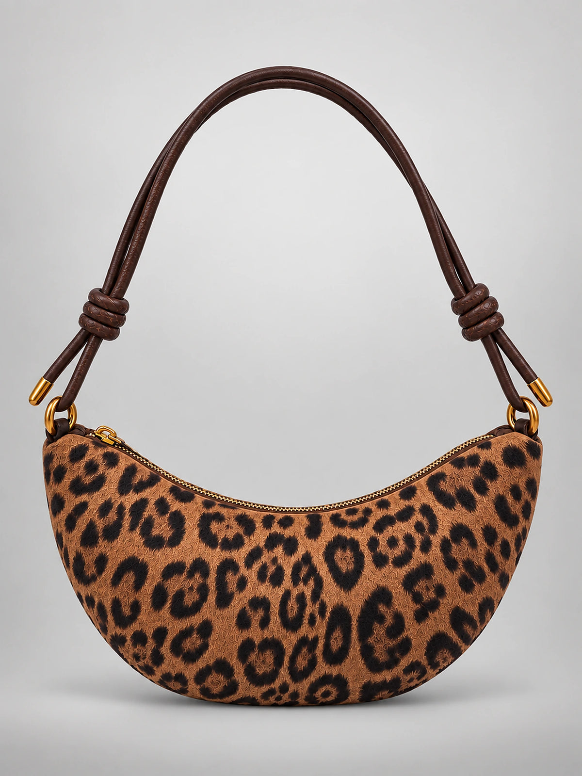 Women's Leopard Print Crescent Bag – Faux Suede Crossbody in Dark Khaki — back view