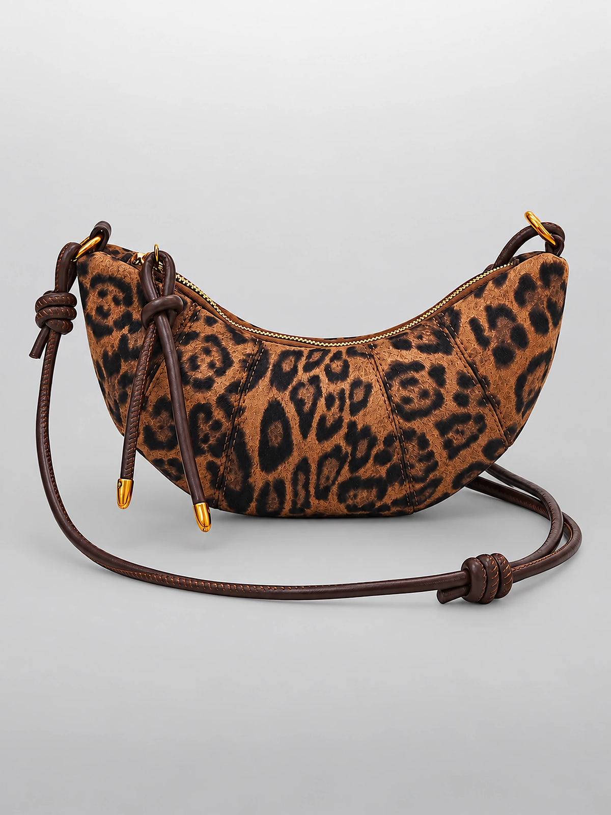 Women's Leopard Print Crescent Bag – Faux Suede Crossbody in Dark Khaki — alternate view