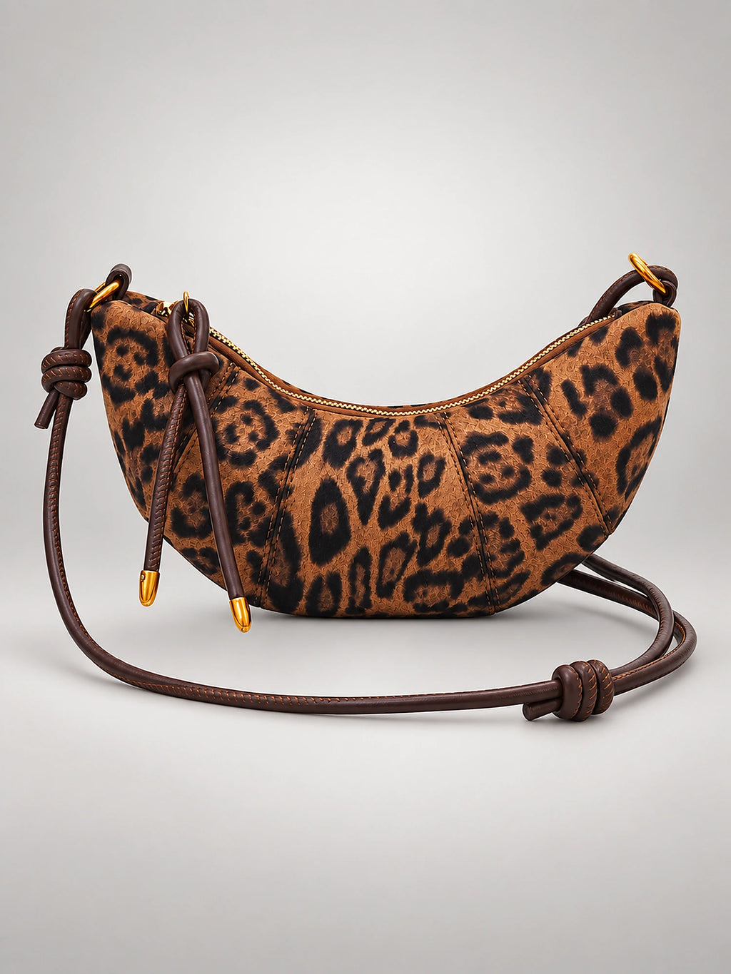 Women's Leopard Print Crescent Bag – Faux Suede Crossbody in Dark Khaki — front view