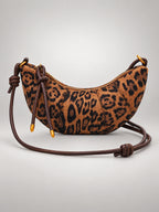 Women's Leopard Print Crescent Bag – Faux Suede Crossbody in Dark Khaki — front view