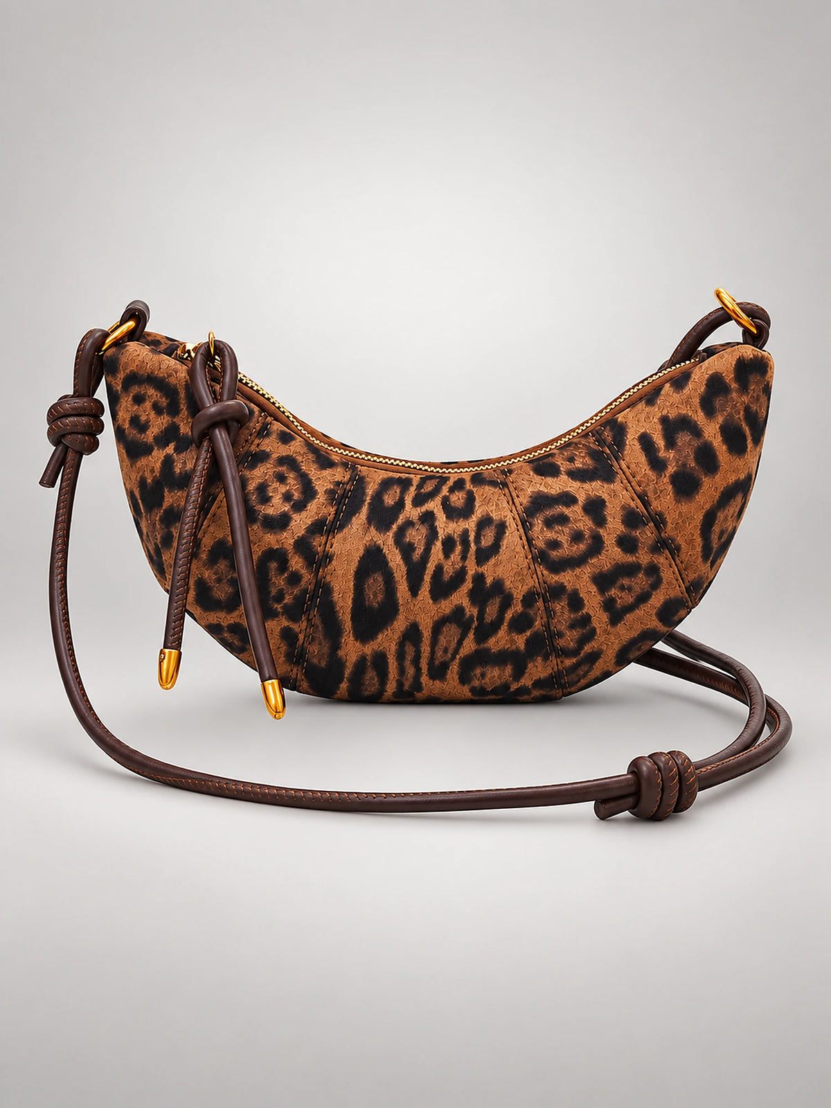 Women's Leopard Print Crescent Bag – Faux Suede Crossbody in Dark Khaki — front view