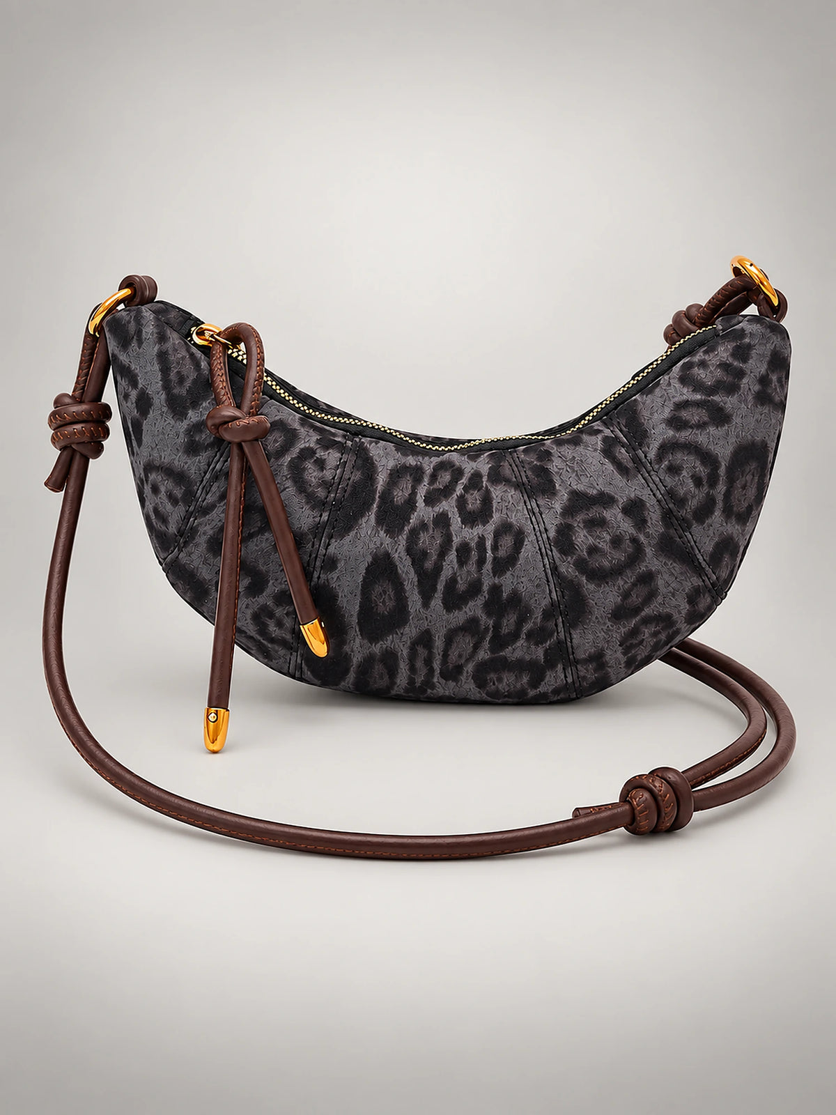 Women's Leopard Print Crescent Bag – Faux Suede Crossbody in Grey — front view