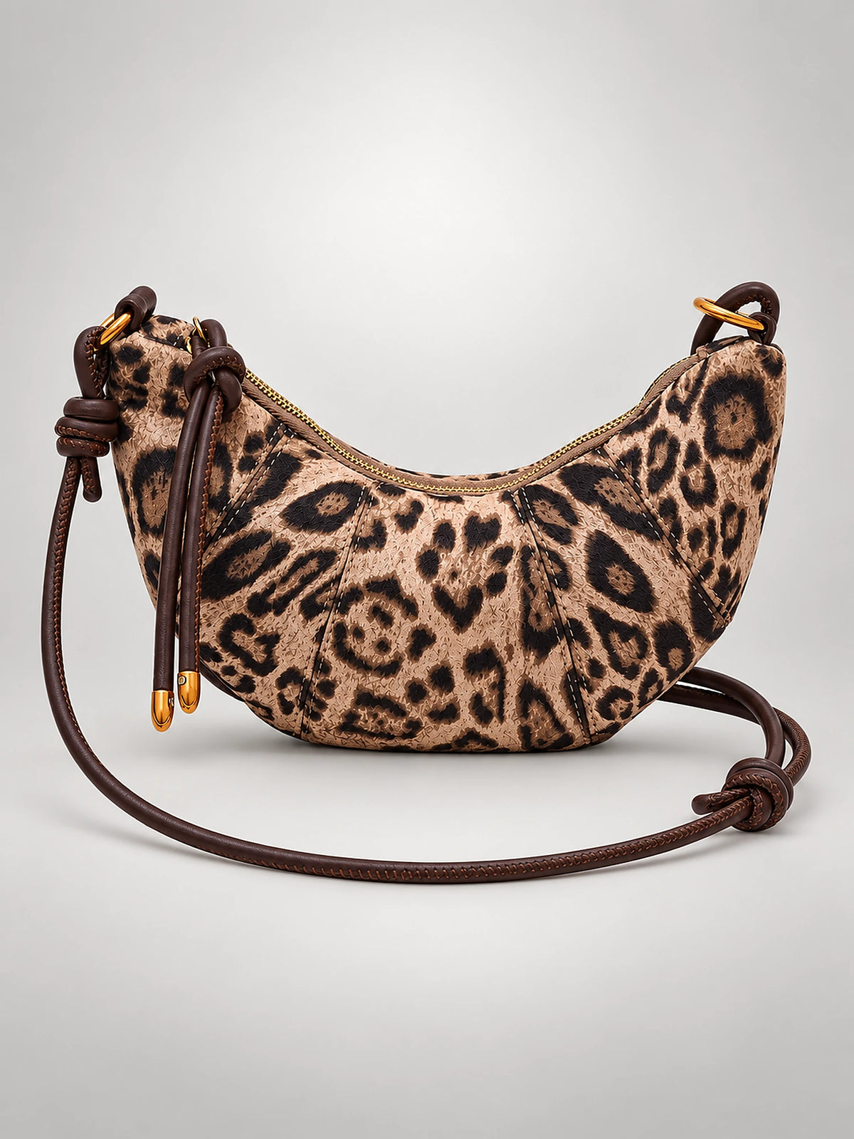 Women's Leopard Print Crescent Bag – Faux Suede Crossbody in Light Khaki — front view