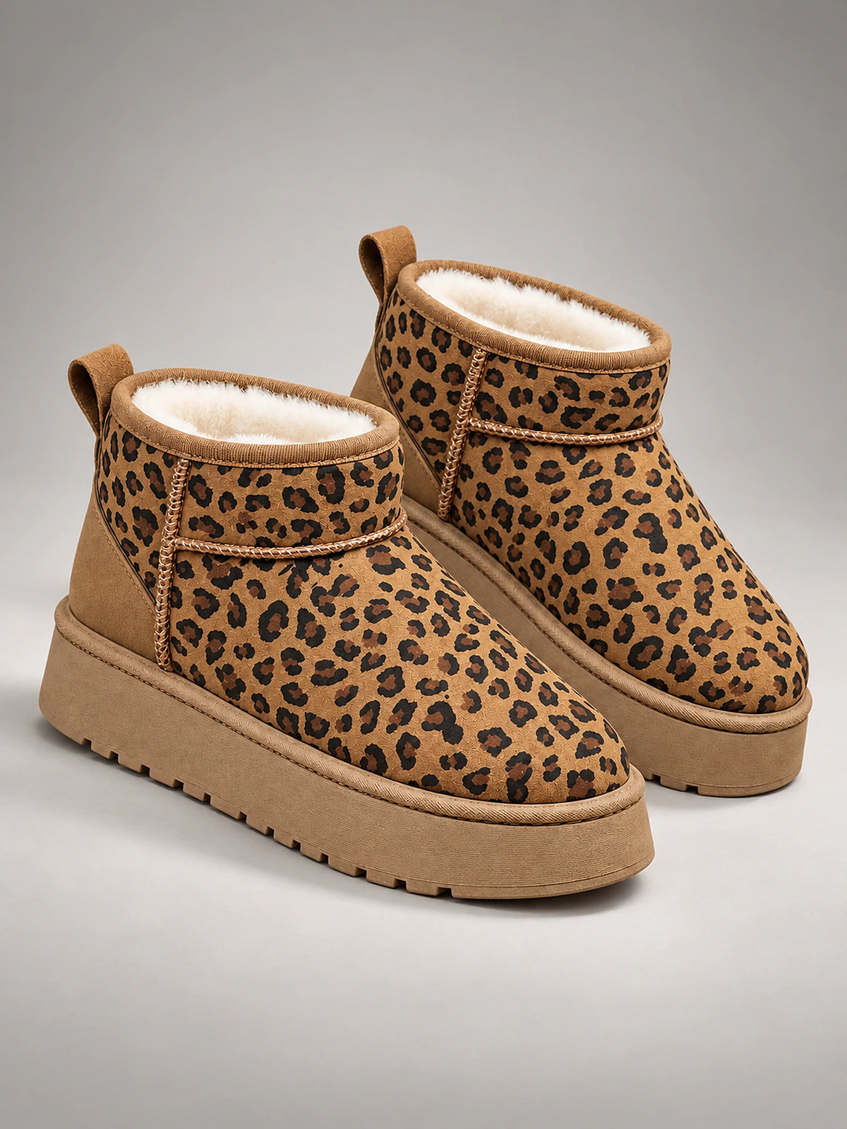 Women's Leopard Print Snow Boots – Faux Fur Lined Platform Ankle in Brown — front view