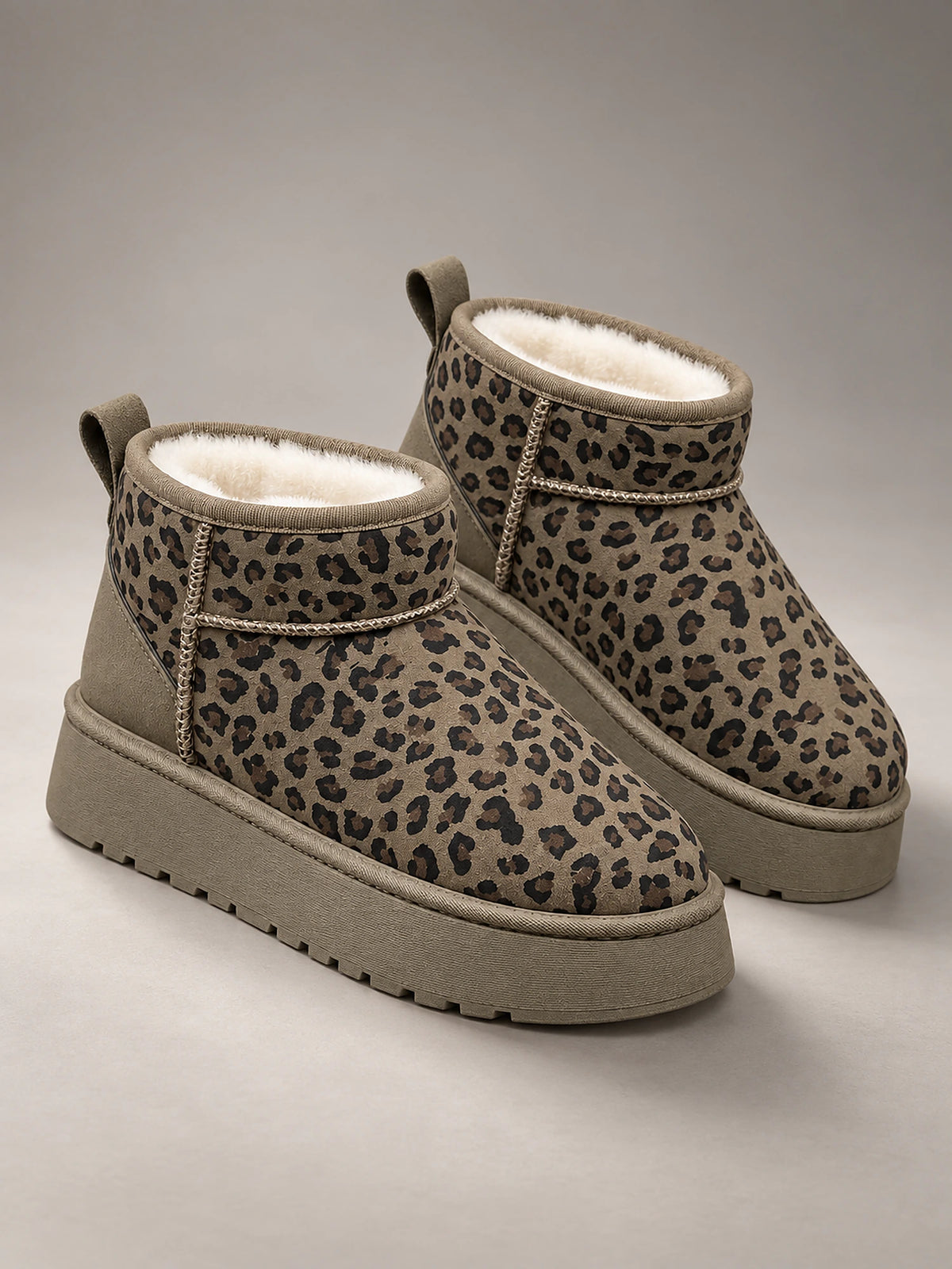 Women's Leopard Print Snow Boots – Faux Fur Lined Platform Ankle in Green — front view