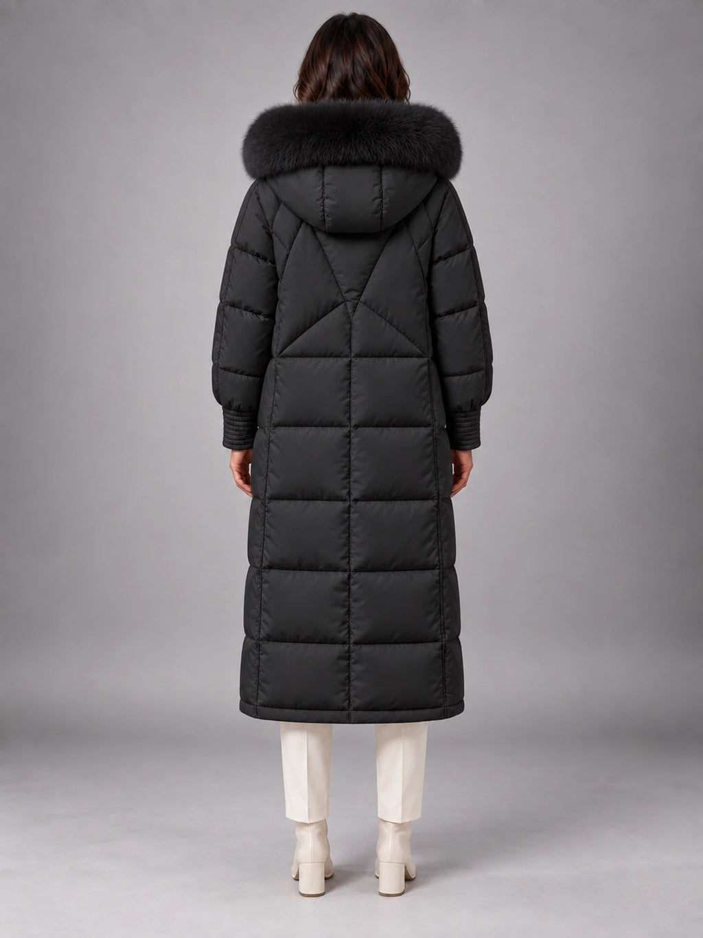 Women's Long Puffer Coat – Fur Hood Silver Clasp in Black — back view