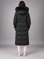 Women's Long Puffer Coat – Fur Hood Silver Clasp in Black — back view