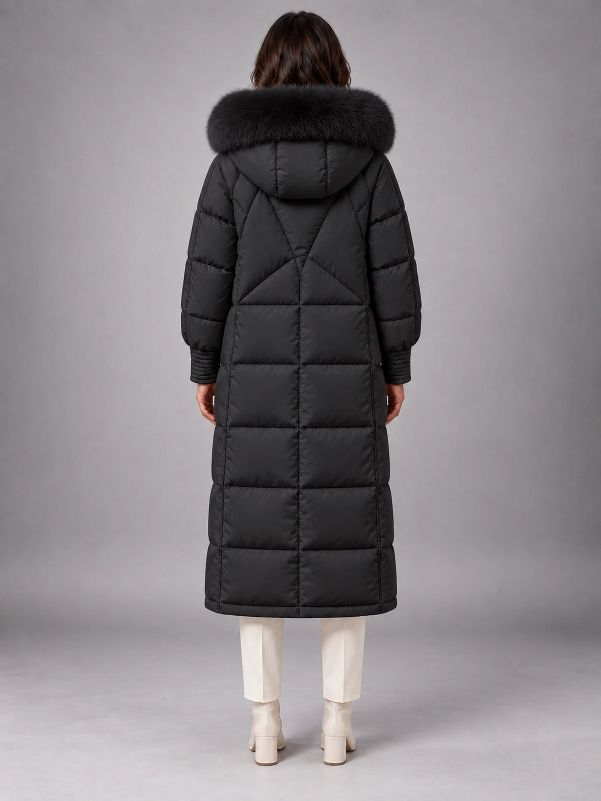 Women's Long Puffer Coat – Fur Hood Silver Clasp in Black — back view