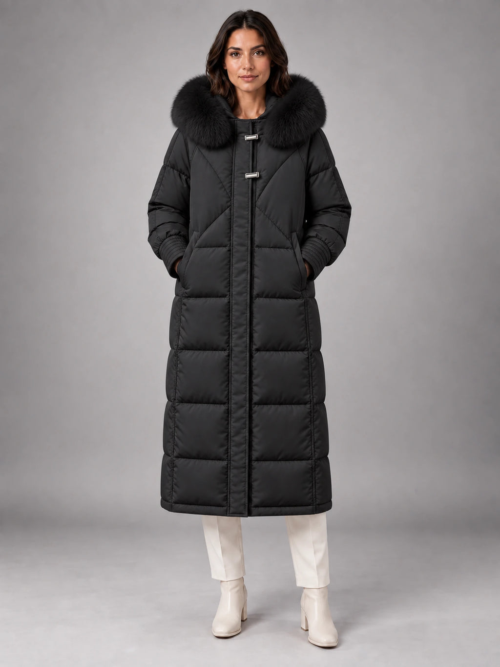 Women's Long Puffer Coat – Fur Hood Silver Clasp in Black — front view