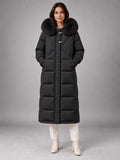 Women's Long Puffer Coat – Fur Hood Silver Clasp in Black — front view
