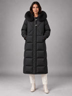 Women's Long Puffer Coat – Fur Hood Silver Clasp in Black — front view