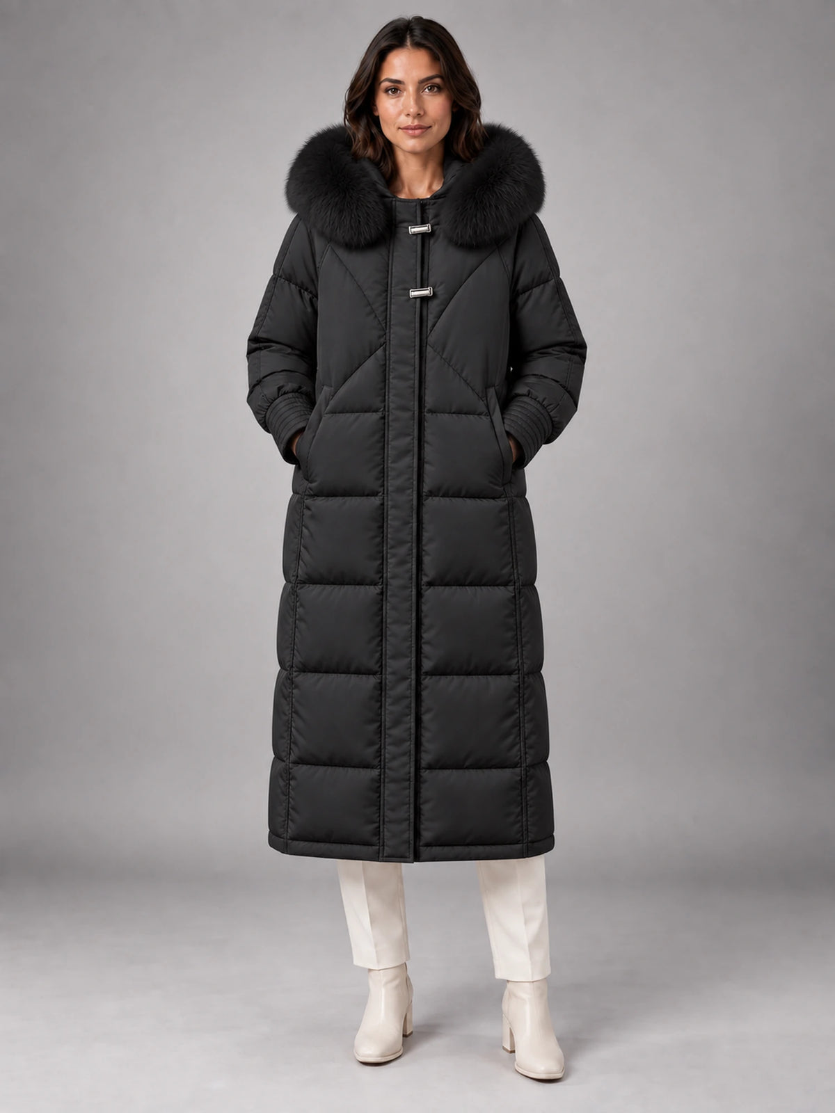 Women's Long Puffer Coat – Fur Hood Silver Clasp in Black — front view