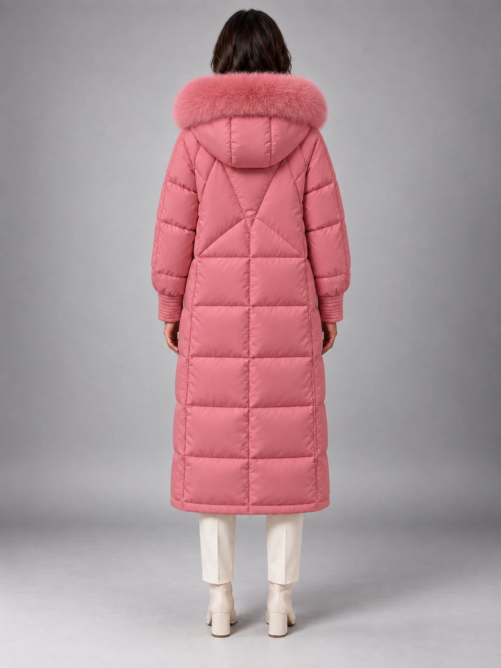 Women's Long Puffer Coat – Fur Hood Silver Clasp in Dusty Rose — back view