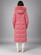 Women's Long Puffer Coat – Fur Hood Silver Clasp in Dusty Rose — back view