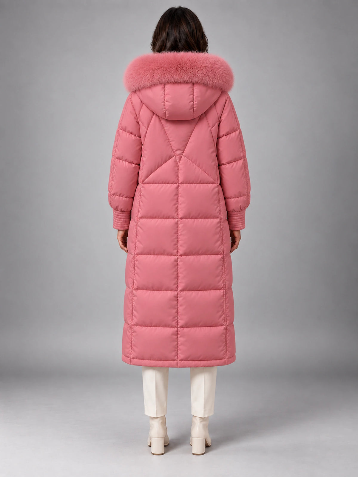 Women's Long Puffer Coat – Fur Hood Silver Clasp in Dusty Rose — back view