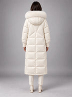 Women's Long Puffer Coat – Fur Hood Silver Clasp in Ivory — back view