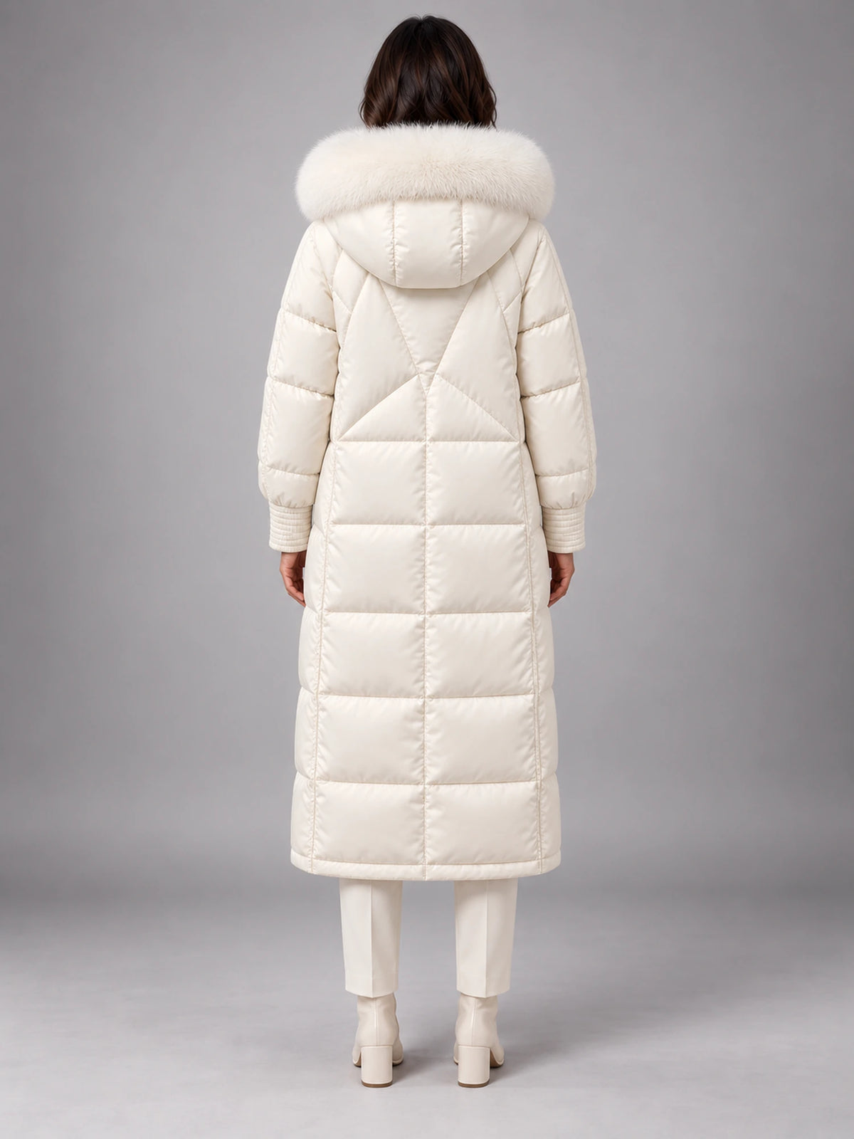 Women's Long Puffer Coat – Fur Hood Silver Clasp in Ivory — back view