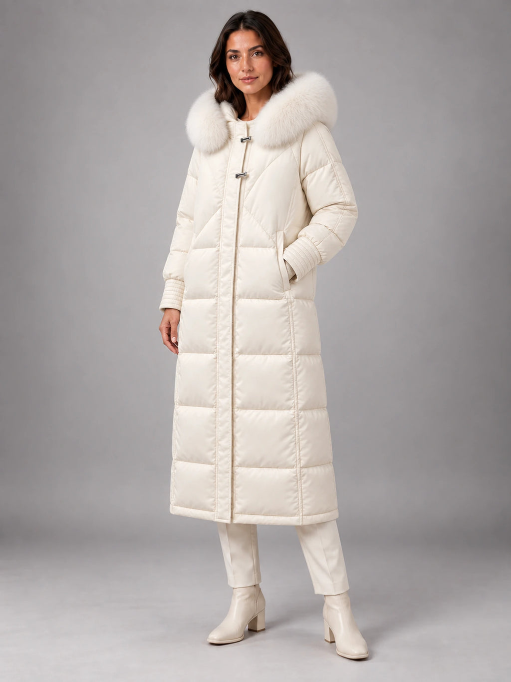 Women's Long Puffer Coat – Fur Hood Silver Clasp in Ivory — alternate view
