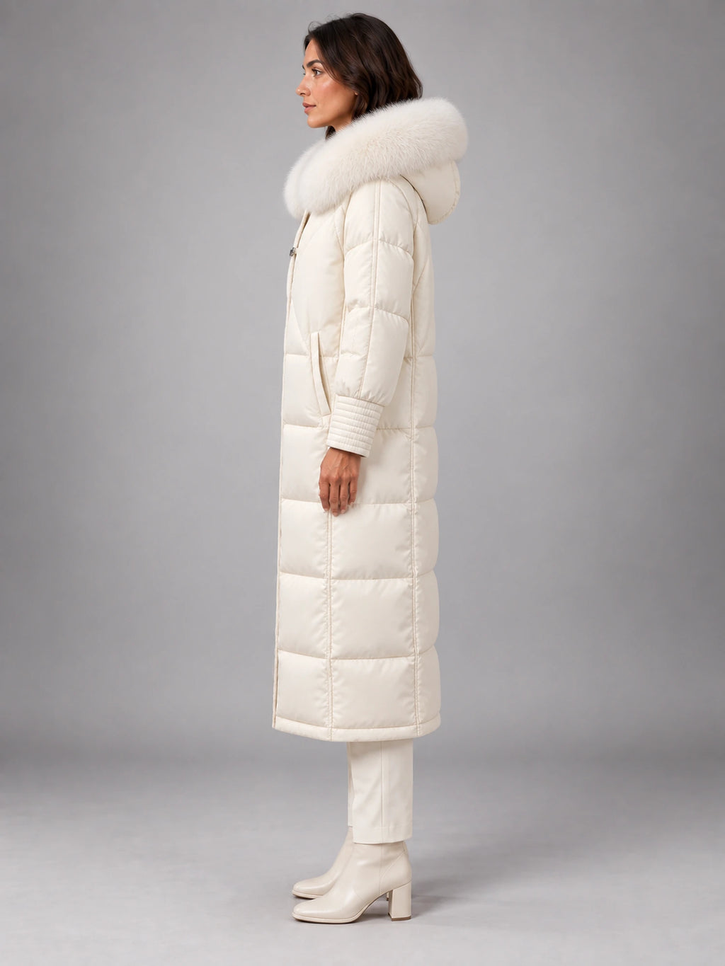 Women's Long Puffer Coat – Fur Hood Silver Clasp in Ivory — side view