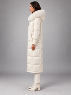 Women's Long Puffer Coat – Fur Hood Silver Clasp in Ivory — side view