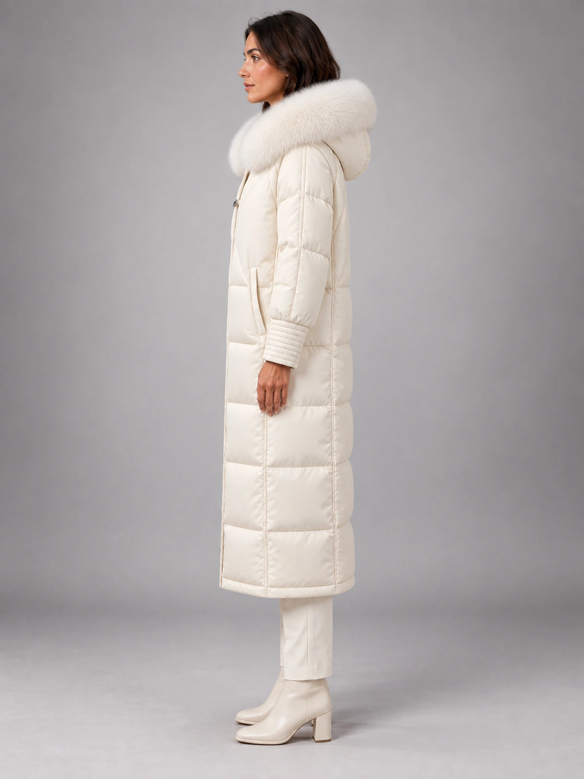 Women's Long Puffer Coat – Fur Hood Silver Clasp in Ivory — side view