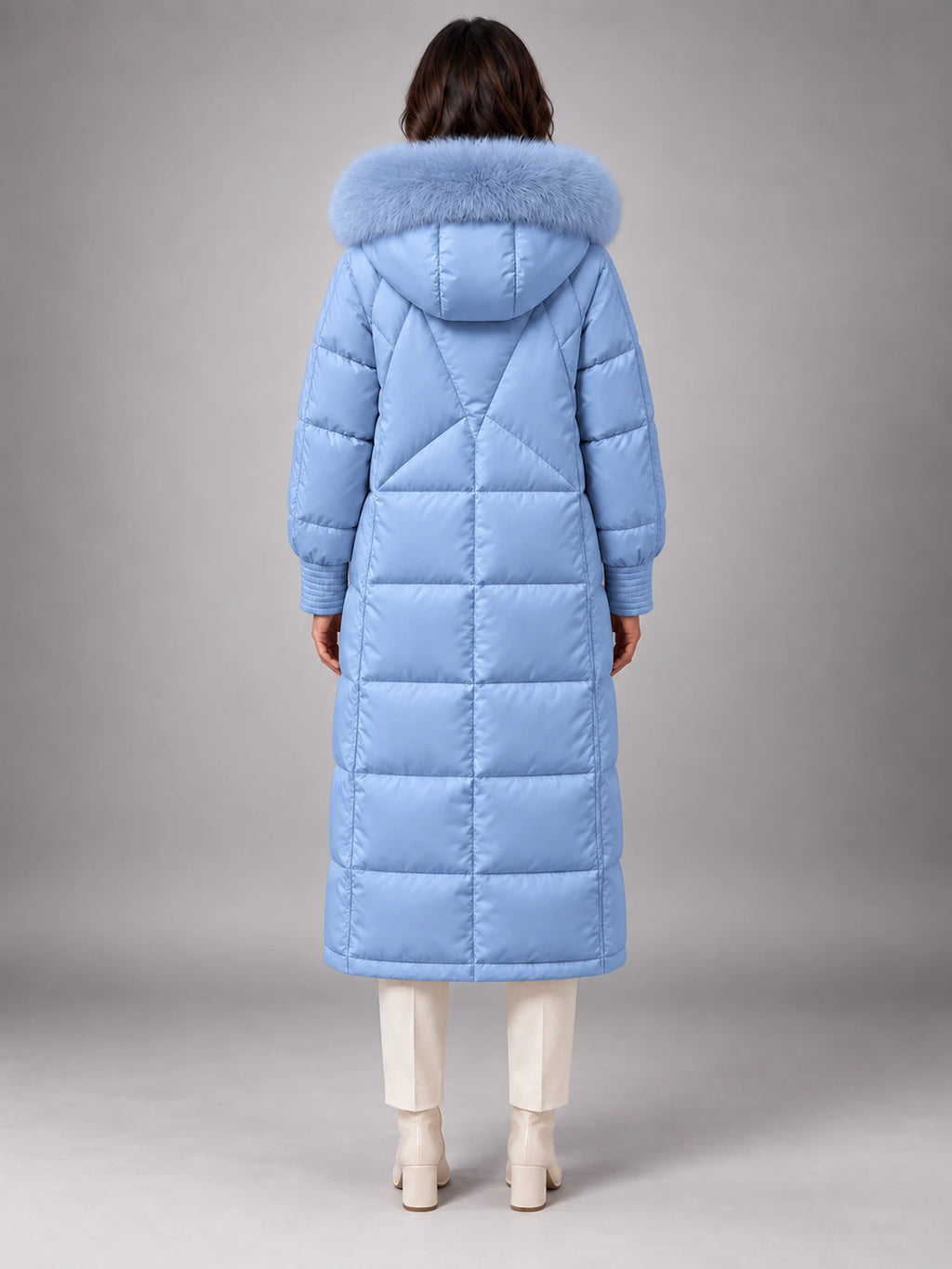 Women's Long Puffer Coat – Fur Hood Silver Clasp in Light Blue — back view