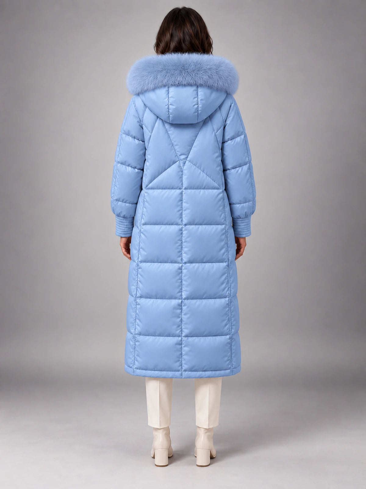 Women's Long Puffer Coat – Fur Hood Silver Clasp in Light Blue — back view