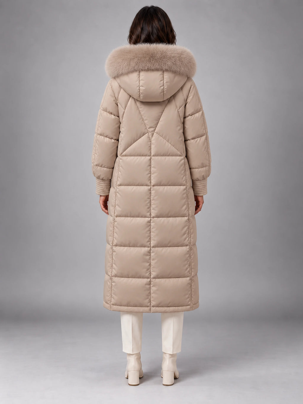 Women's Long Puffer Coat – Fur Hood Silver Clasp in Taupe Beige — back view