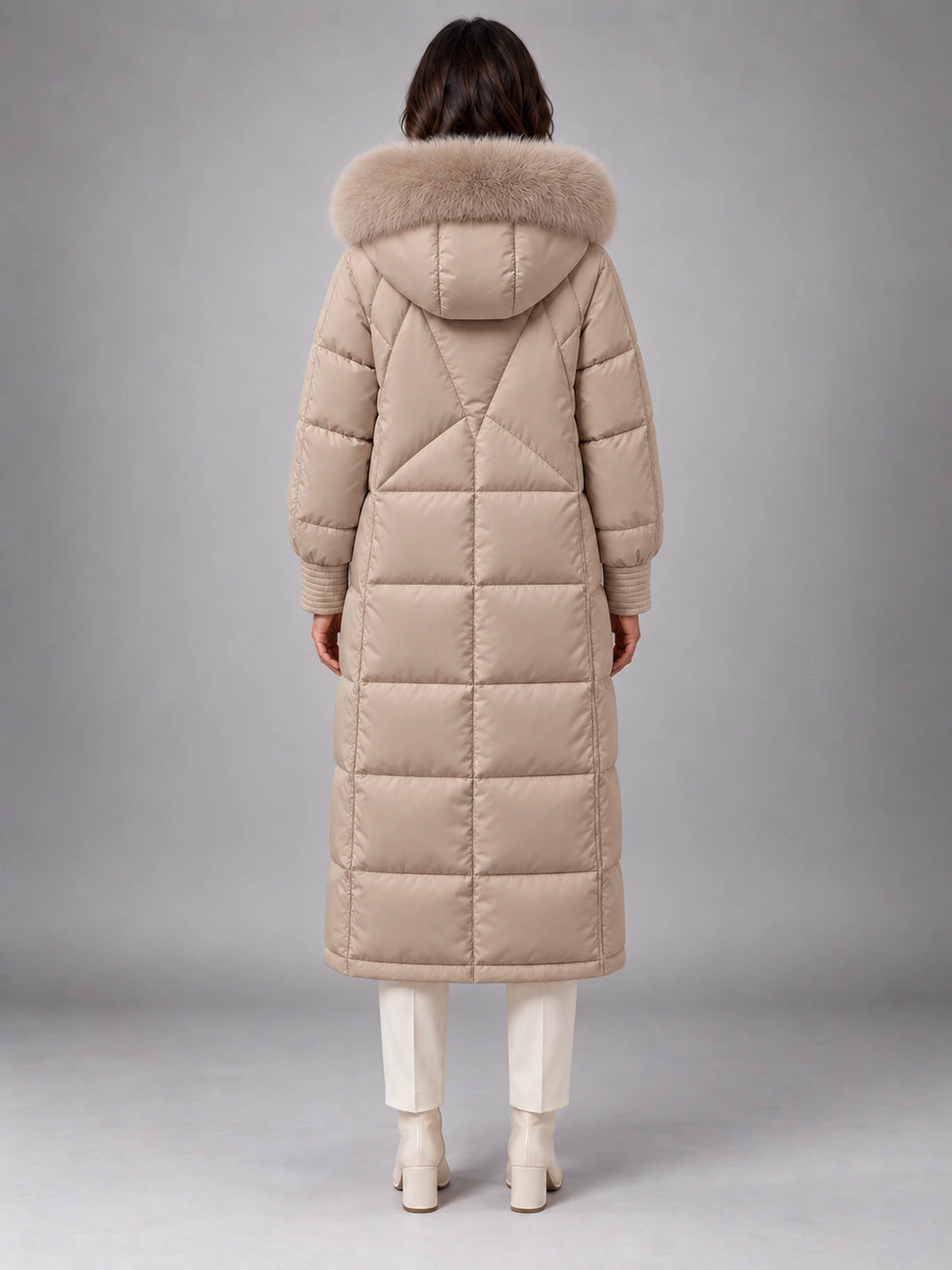 Women's Long Puffer Coat – Fur Hood Silver Clasp in Taupe Beige — back view