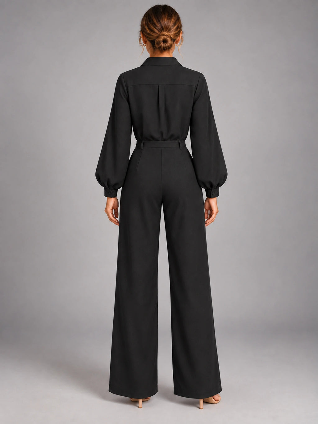 Women's Long Sleeve Jumpsuit – Relaxed Solid Colour in Black — back view