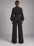 Women's Long Sleeve Jumpsuit – Relaxed Solid Colour in Black — back view