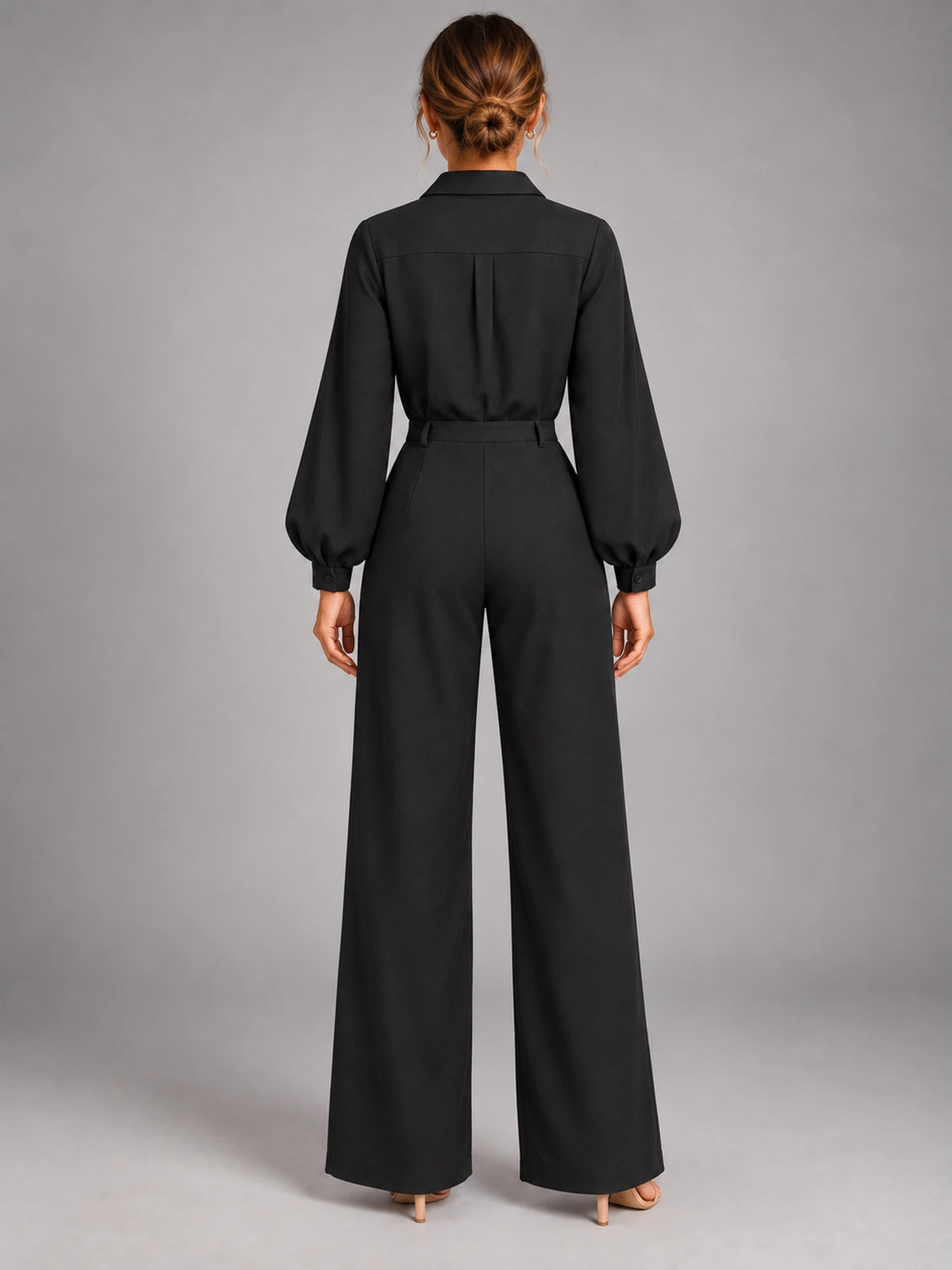 Women's Long Sleeve Jumpsuit – Relaxed Solid Colour in Black — back view