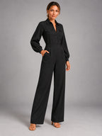 Women's Long Sleeve Jumpsuit – Relaxed Solid Colour in Black — alternate view