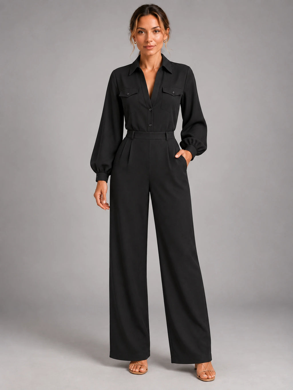 Women's Long Sleeve Jumpsuit – Relaxed Solid Colour in Black — front view