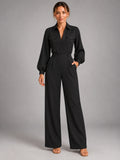 Women's Long Sleeve Jumpsuit – Relaxed Solid Colour in Black — front view