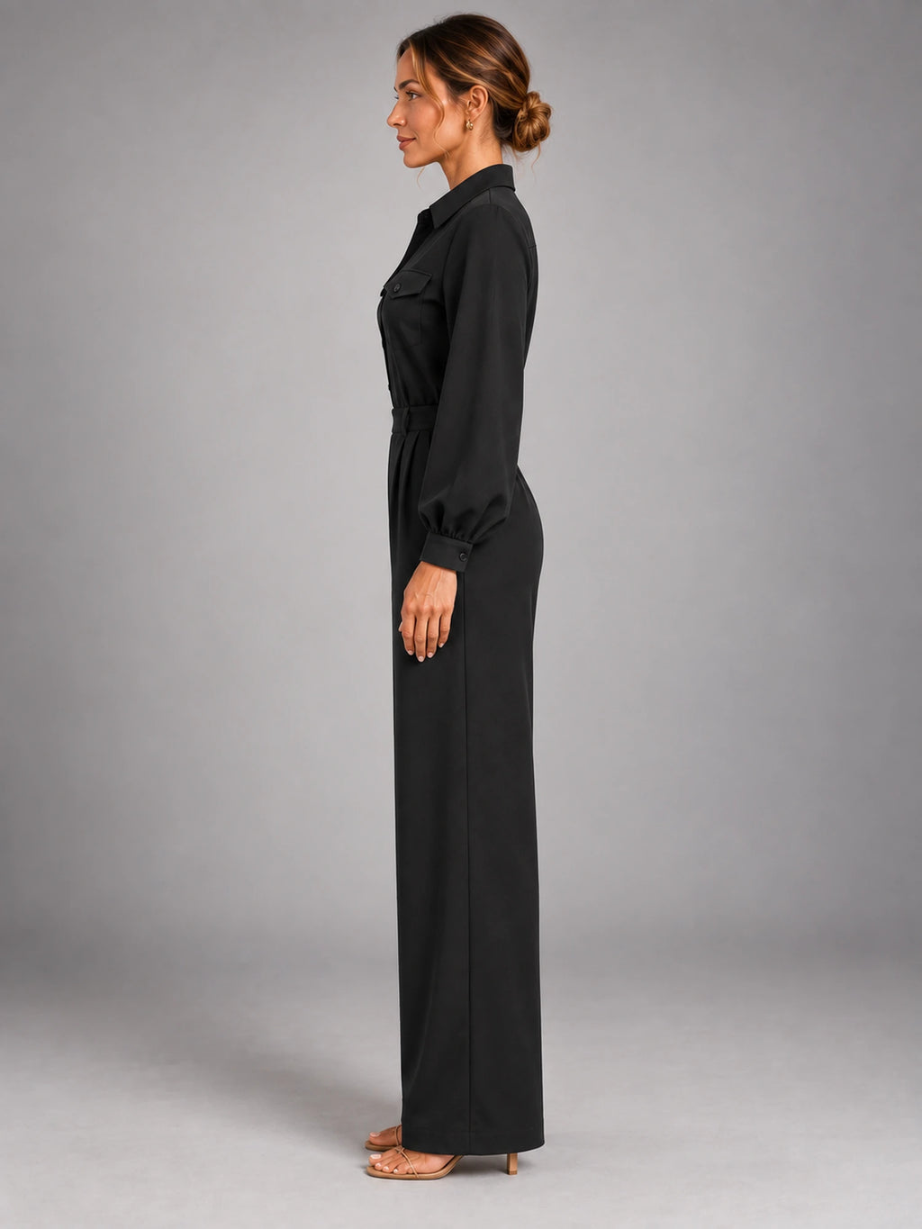 Women's Long Sleeve Jumpsuit – Relaxed Solid Colour in Black — side view