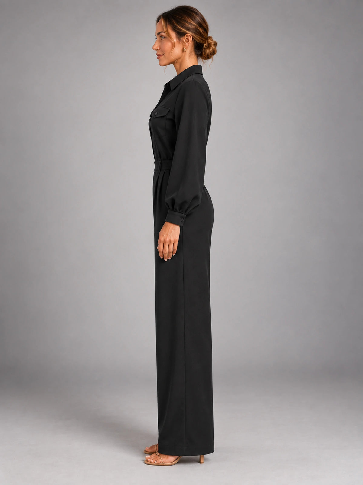 Women's Long Sleeve Jumpsuit – Relaxed Solid Colour in Black — side view
