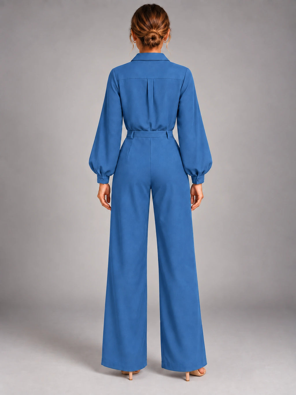 Women's Long Sleeve Jumpsuit – Relaxed Solid Colour in Blue — back view