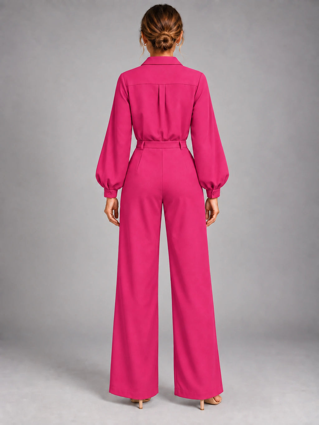 Women's Long Sleeve Jumpsuit – Relaxed Solid Colour in Rose Pink — back view