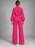 Women's Long Sleeve Jumpsuit – Relaxed Solid Colour in Rose Pink — back view