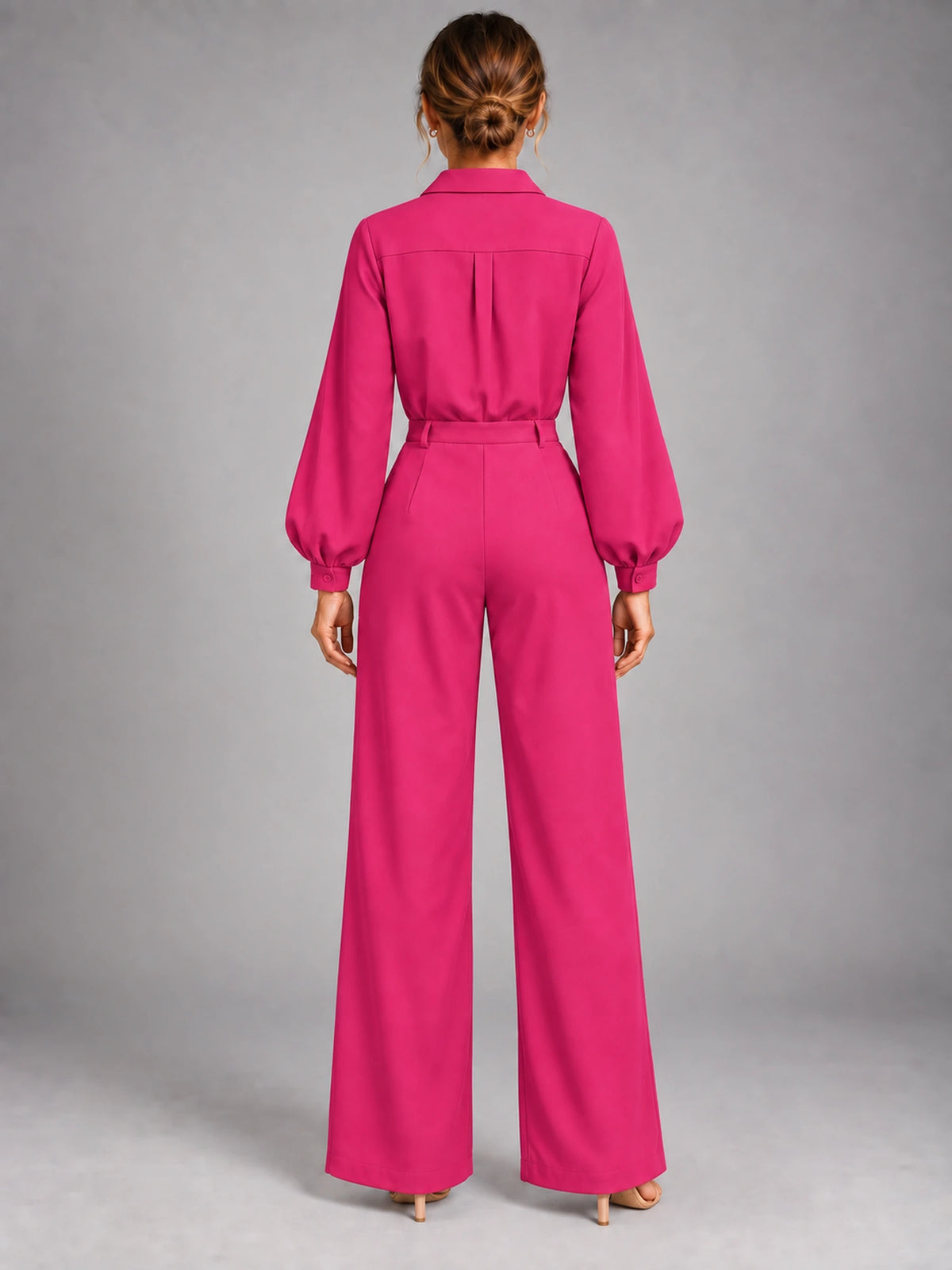 Women's Long Sleeve Jumpsuit – Relaxed Solid Colour in Rose Pink — back view